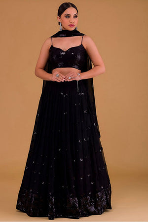 Black Embroidered Georgette Lehenga (Wf-5068-Black)