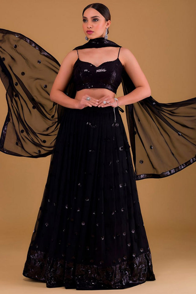 Black Embroidered Georgette Lehenga (Wf-5068-Black)