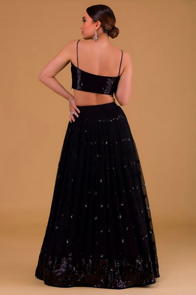 Black Embroidered Georgette Lehenga (Wf-5068-Black)