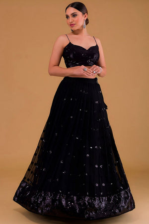 Black Embroidered Georgette Lehenga (Wf-5068-Black)