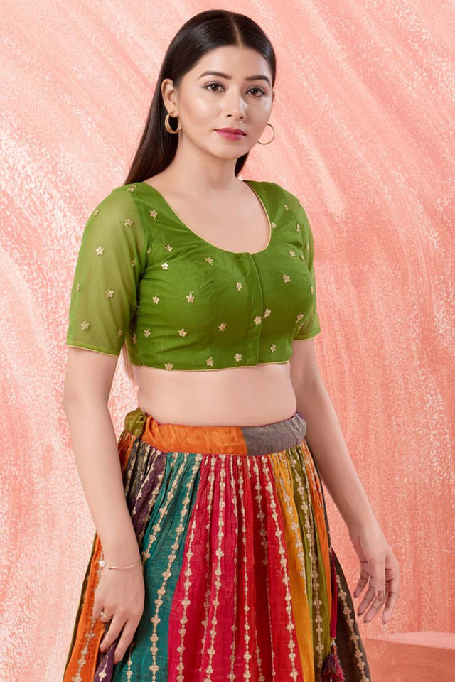 Buy Olive Net Round Neck Elbow Sleeves Blouse Online KARMAPLACE