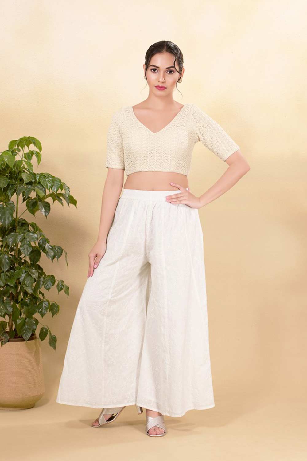 Buy Light Gold Net Woven Elbow Sleeves Blouse Online KARMAPLACE