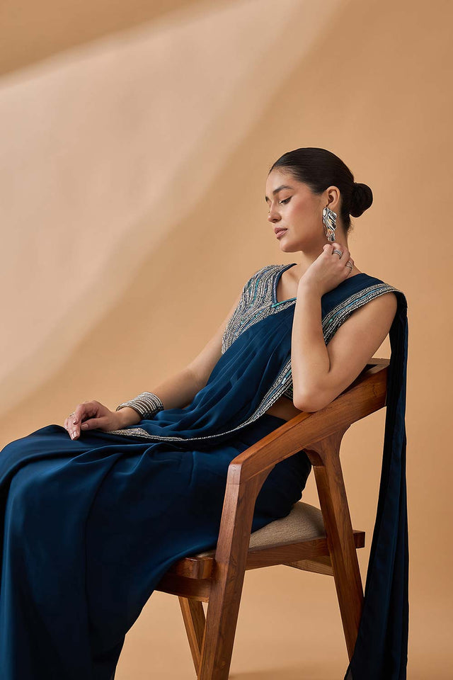 Blue Satin Solid Saree