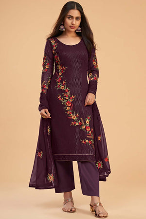Violet Georgette Embroidered Round Neck Sharara Suit Set (ZAIDA12-2053-A)