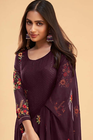 Violet Georgette Embroidered Round Neck Sharara Suit Set (ZAIDA12-2053-A)
