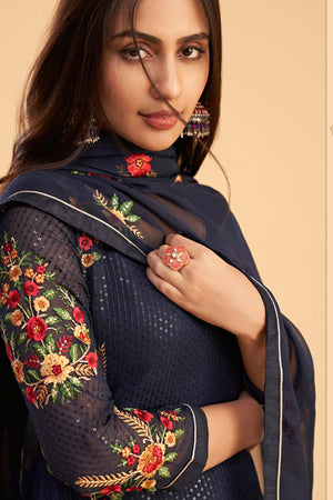 Navy Blue Georgette Embroidered Round Neck Sharara Suit Set (ZAIDA12-2053-B)