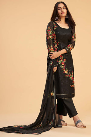 Black Georgette Embroidered Round Neck Sharara Suit Set (ZAIDA12-2053-C)