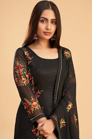Black Georgette Embroidered Round Neck Sharara Suit Set (ZAIDA12-2053-C)