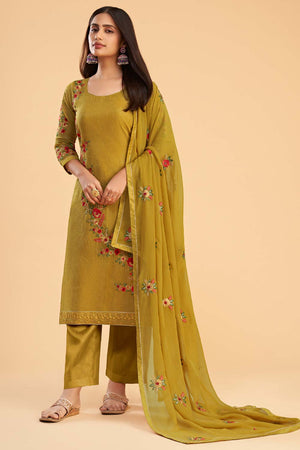 Mustard Georgette Embroidered Round Neck Sharara Suit Set (ZAIDA12-2053-D)