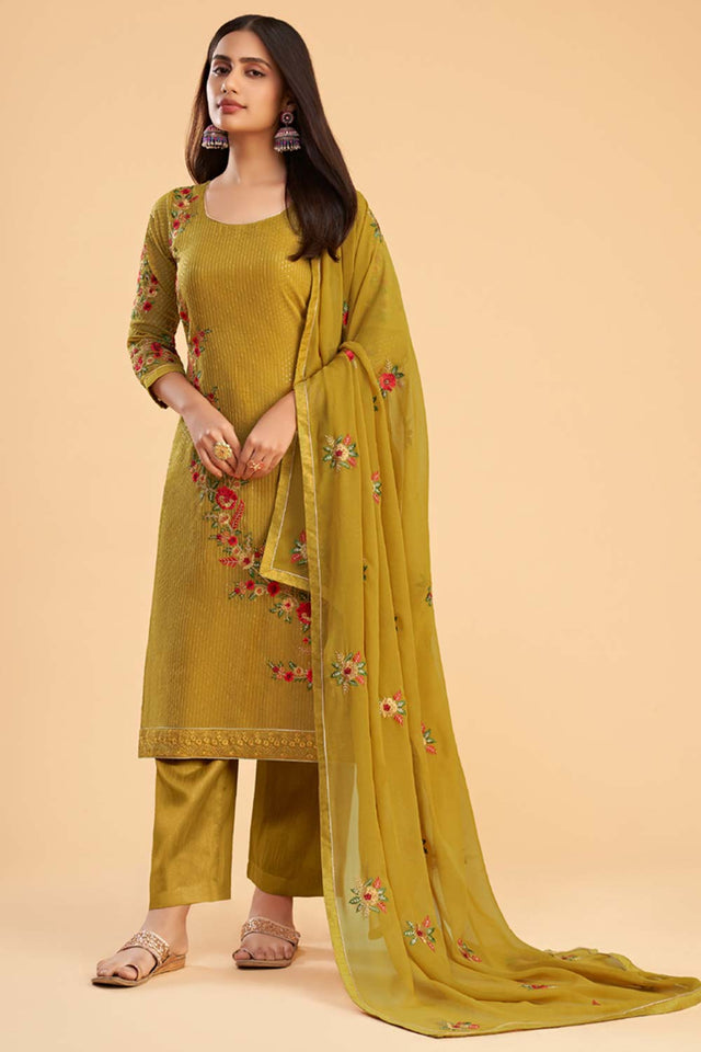 Mustard Georgette Embroidered Round Neck Sharara Suit Set (ZAIDA12-2053-D)