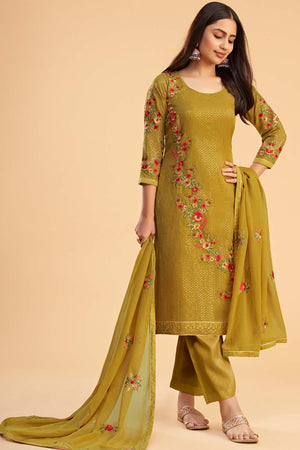 Mustard Georgette Embroidered Round Neck Sharara Suit Set (ZAIDA12-2053-D)