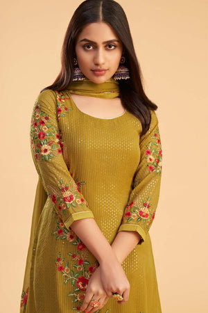 Mustard Georgette Embroidered Round Neck Sharara Suit Set (ZAIDA12-2053-D)