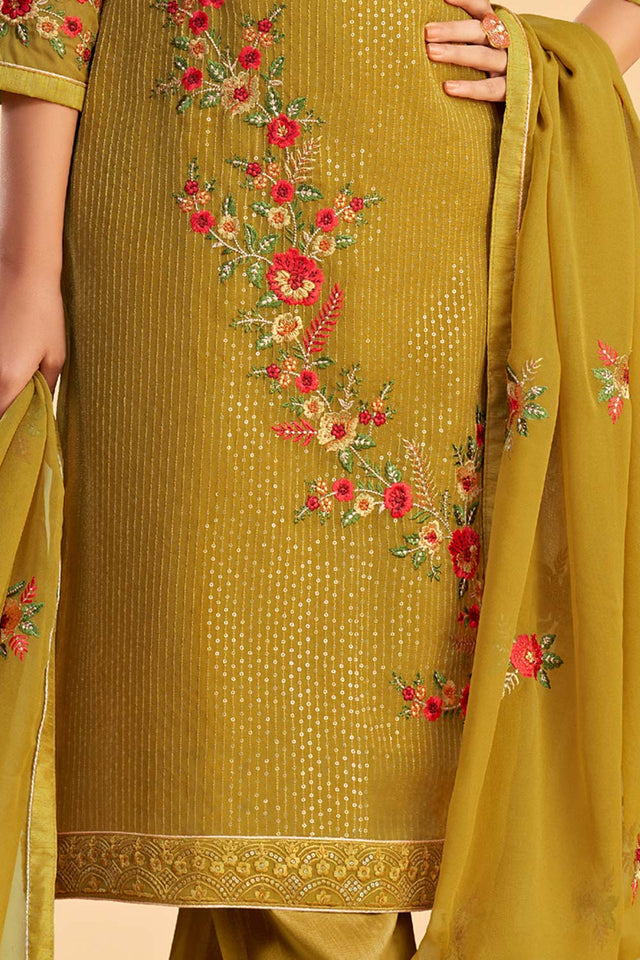 Mustard Georgette Embroidered Round Neck Sharara Suit Set (ZAIDA12-2053-D)