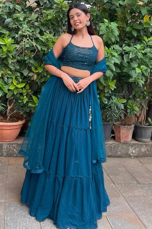 Blue Solid Georgette Lehenga