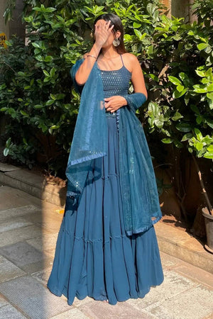Blue Solid Georgette Lehenga