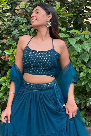 Blue Solid Georgette Lehenga