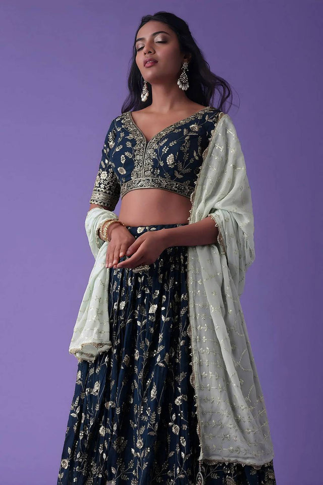 Blue Embroidered Georgette Lehenga