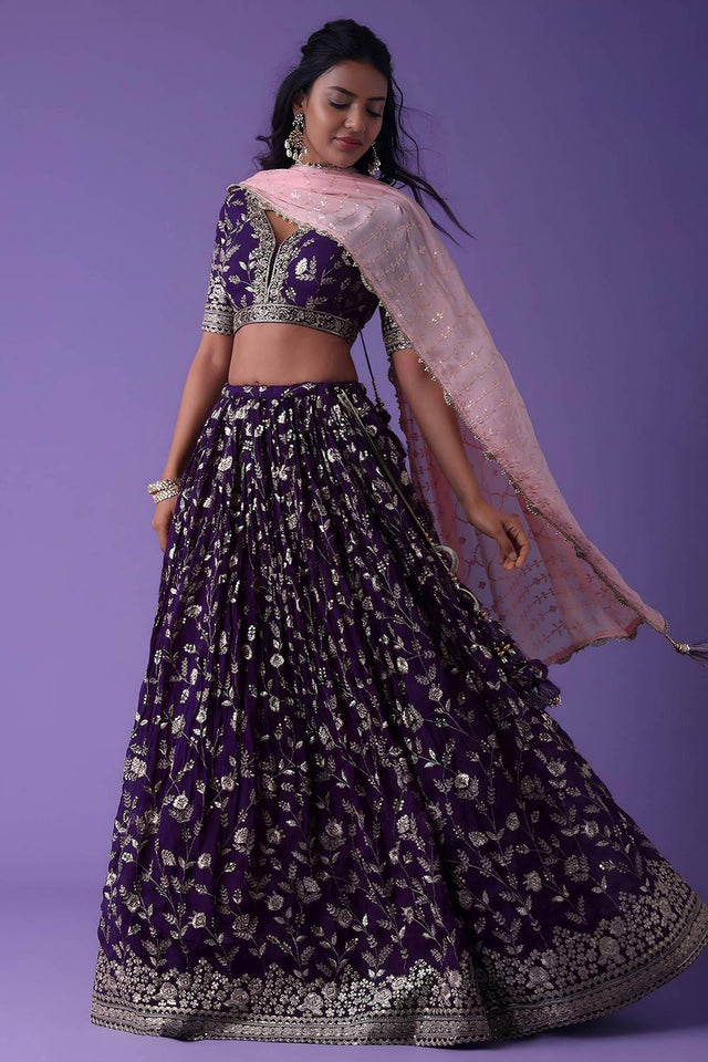 Violet Embroidered Georgette Lehenga