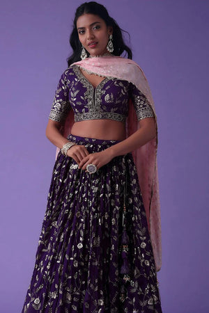 Violet Embroidered Georgette Lehenga