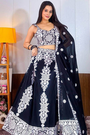 Black Thread Work Georgette Lehenga