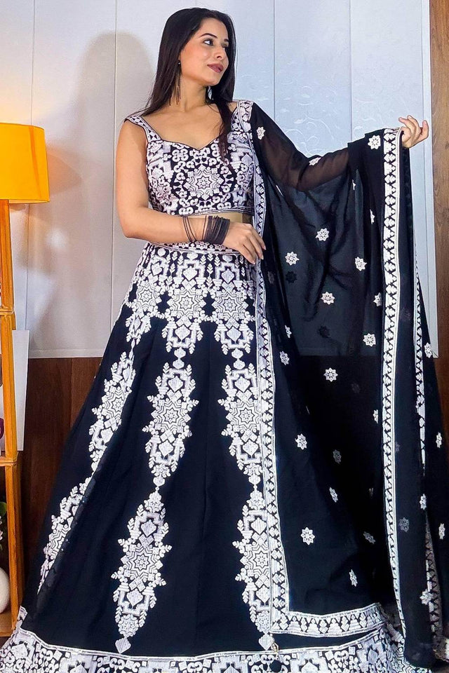 Black Thread Work Georgette Lehenga