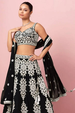 Black Thread Work Georgette Lehenga