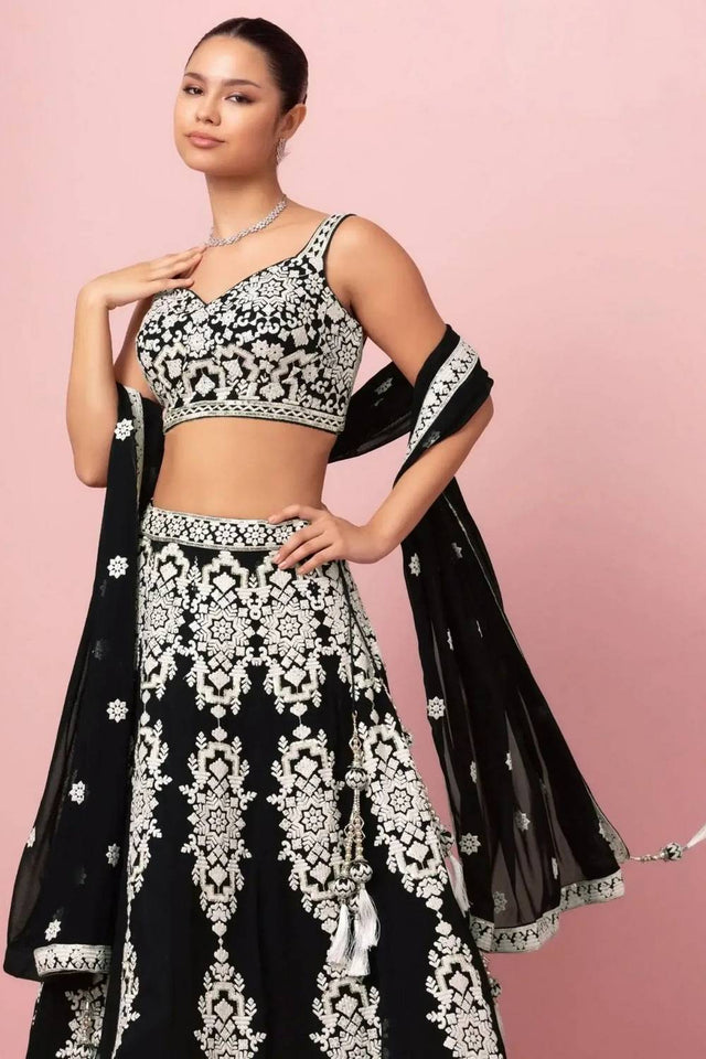 Black Thread Work Georgette Lehenga