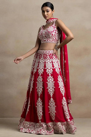 Red Thread Work Georgette Lehenga