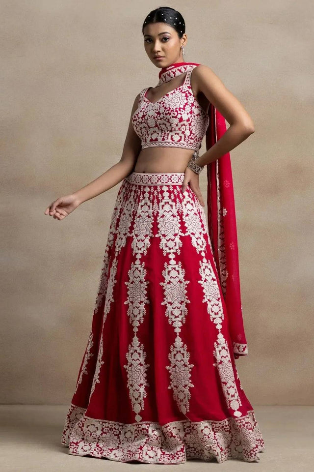 Red Thread Work Georgette Lehenga