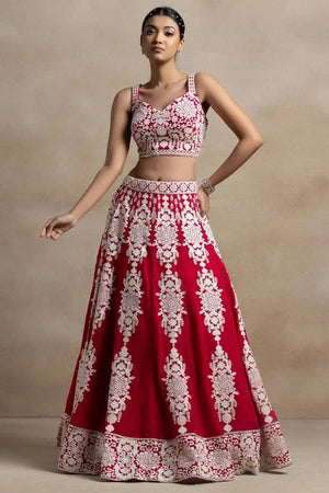 Red Thread Work Georgette Lehenga
