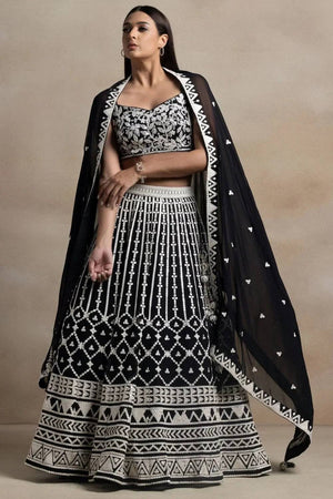 Black Thread Work Georgette Lehenga