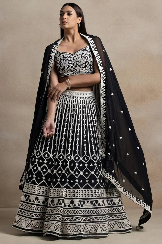 Black Thread Work Georgette Lehenga