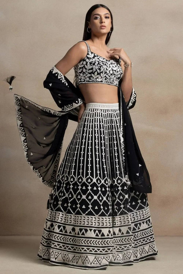 Black Thread Work Georgette Lehenga