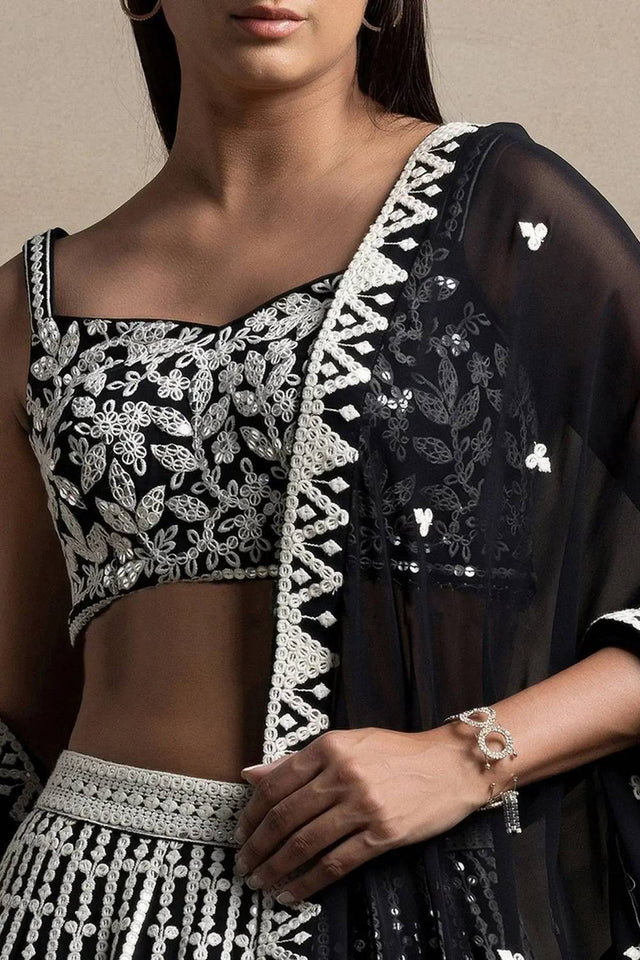 Black Thread Work Georgette Lehenga