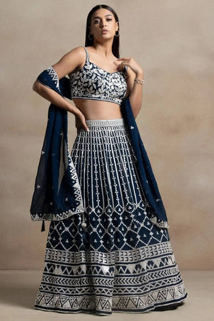 Navy Blue Thread Work Georgette Lehenga
