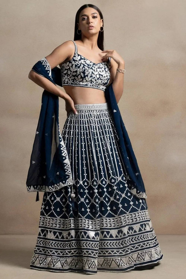 Navy Blue Thread Work Georgette Lehenga