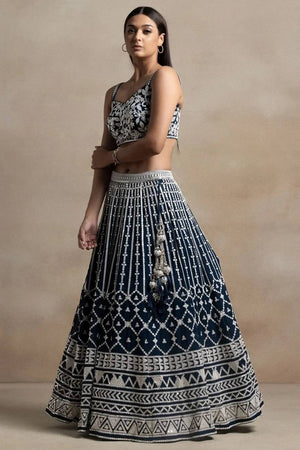 Navy Blue Thread Work Georgette Lehenga