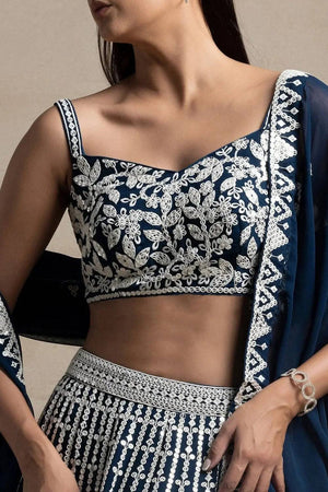 Navy Blue Thread Work Georgette Lehenga