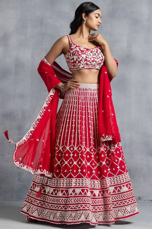 Red Thread Work Georgette Lehenga
