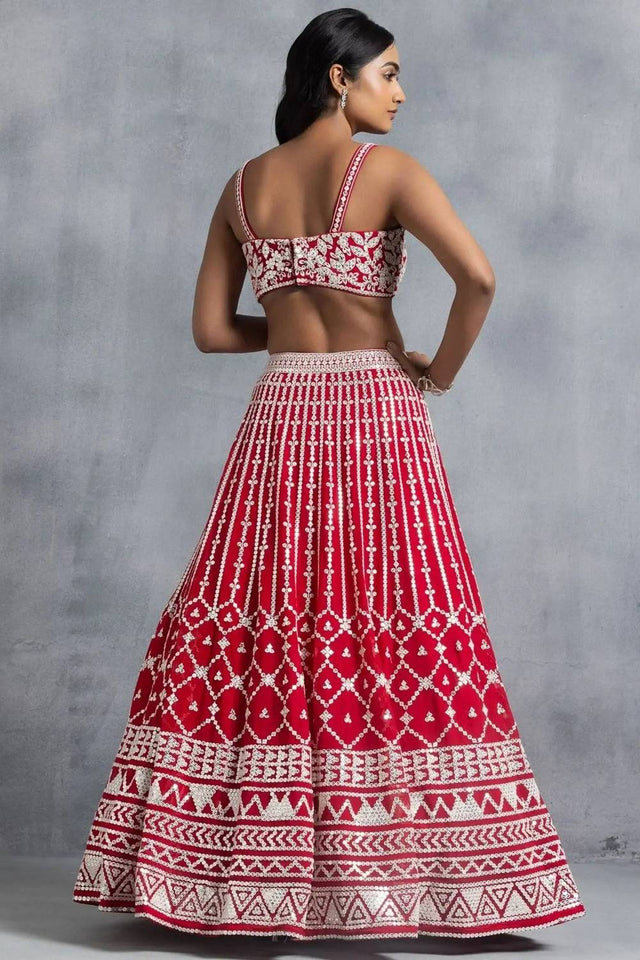Red Thread Work Georgette Lehenga