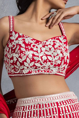 Red Thread Work Georgette Lehenga