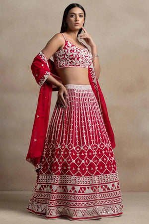Red Thread Work Georgette Lehenga