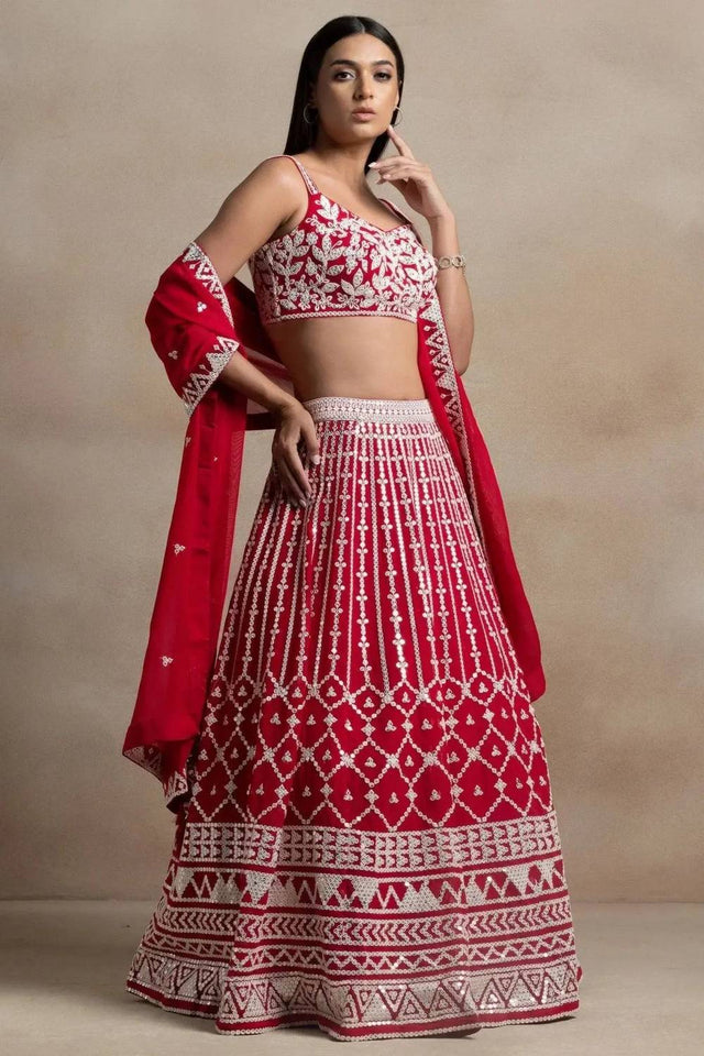 Red Thread Work Georgette Lehenga