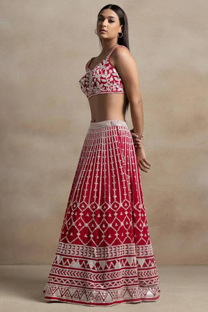 Red Thread Work Georgette Lehenga