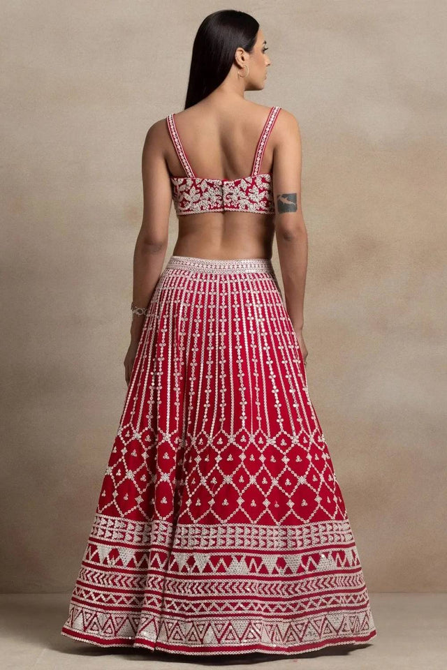 Red Thread Work Georgette Lehenga