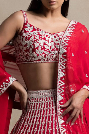 Red Thread Work Georgette Lehenga
