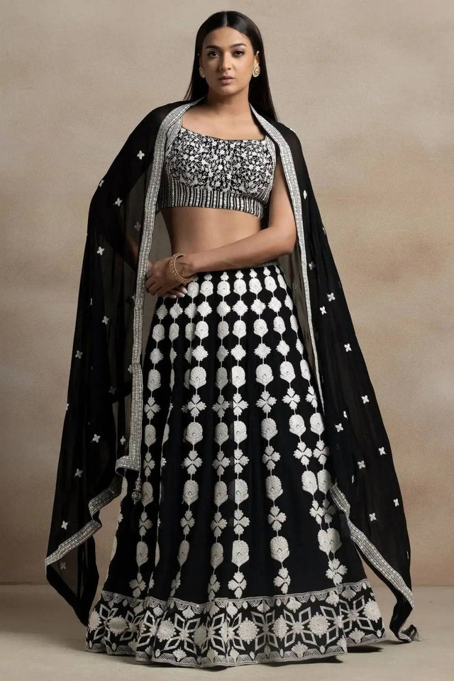 Black Thread Work Georgette Lehenga