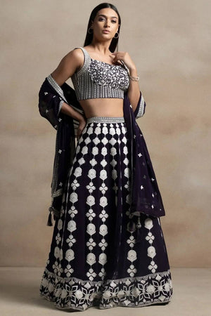 Violet Thread Work Georgette Lehenga