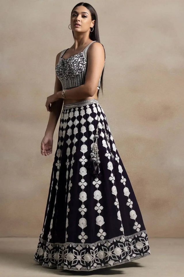 Violet Thread Work Georgette Lehenga