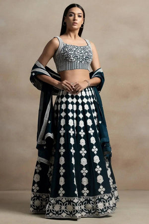 Green Thread Work Georgette Lehenga